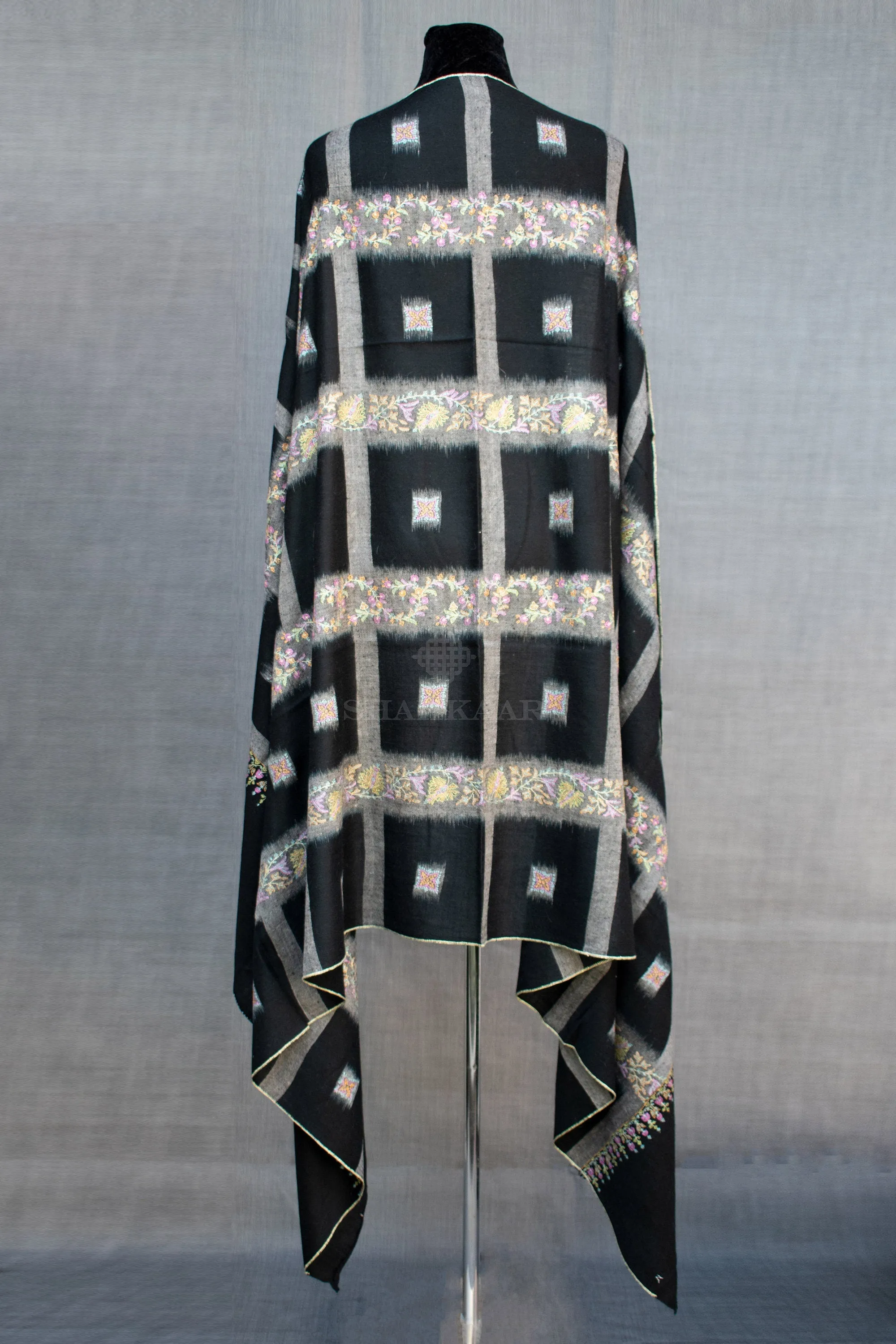 Ikat Weave Black Sozni Pure Pashmina/Cashmere Shawl/Wrap, Handwoven on Hand loom & Hand Embroided in Kashmir