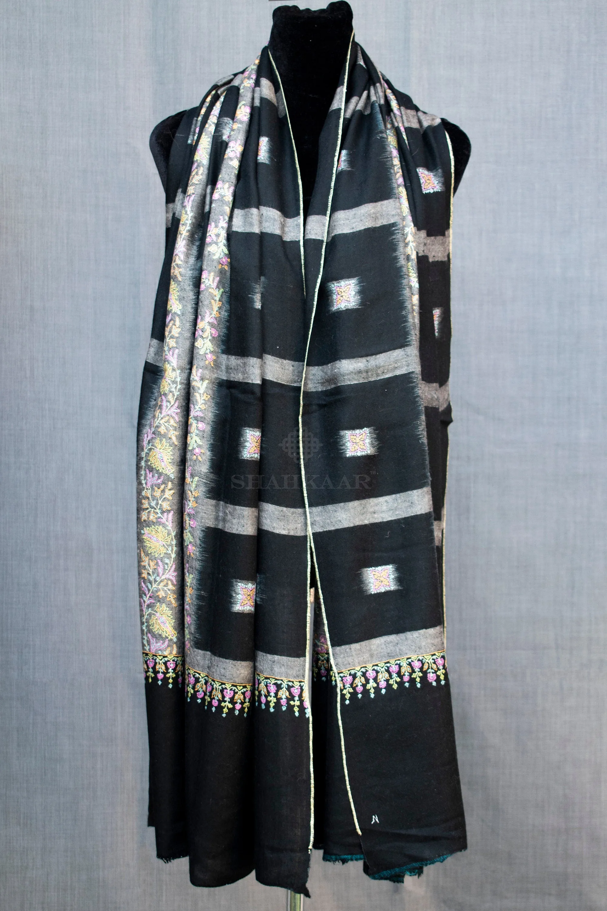 Ikat Weave Black Sozni Pure Pashmina/Cashmere Shawl/Wrap, Handwoven on Hand loom & Hand Embroided in Kashmir