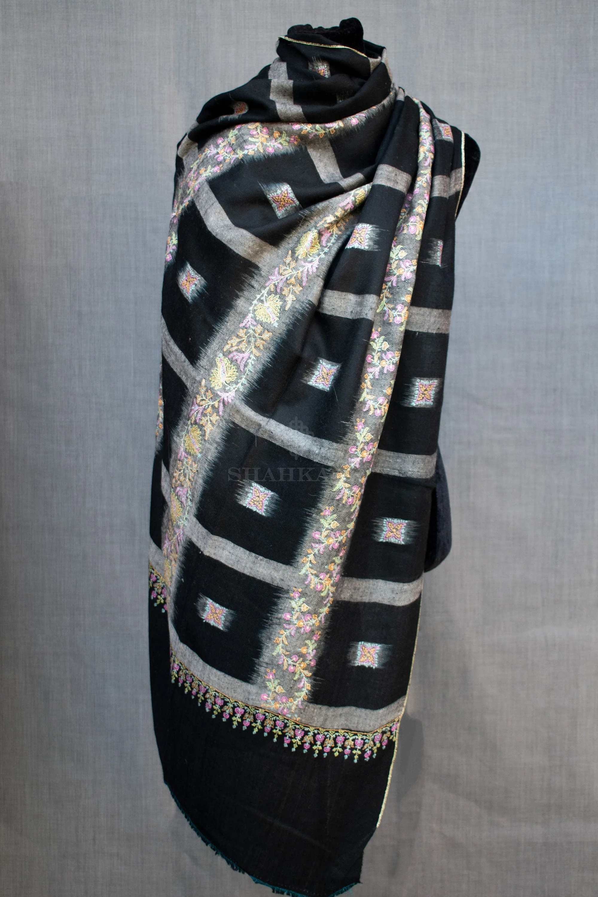 Ikat Weave Black Sozni Pure Pashmina/Cashmere Shawl/Wrap, Handwoven on Hand loom & Hand Embroided in Kashmir