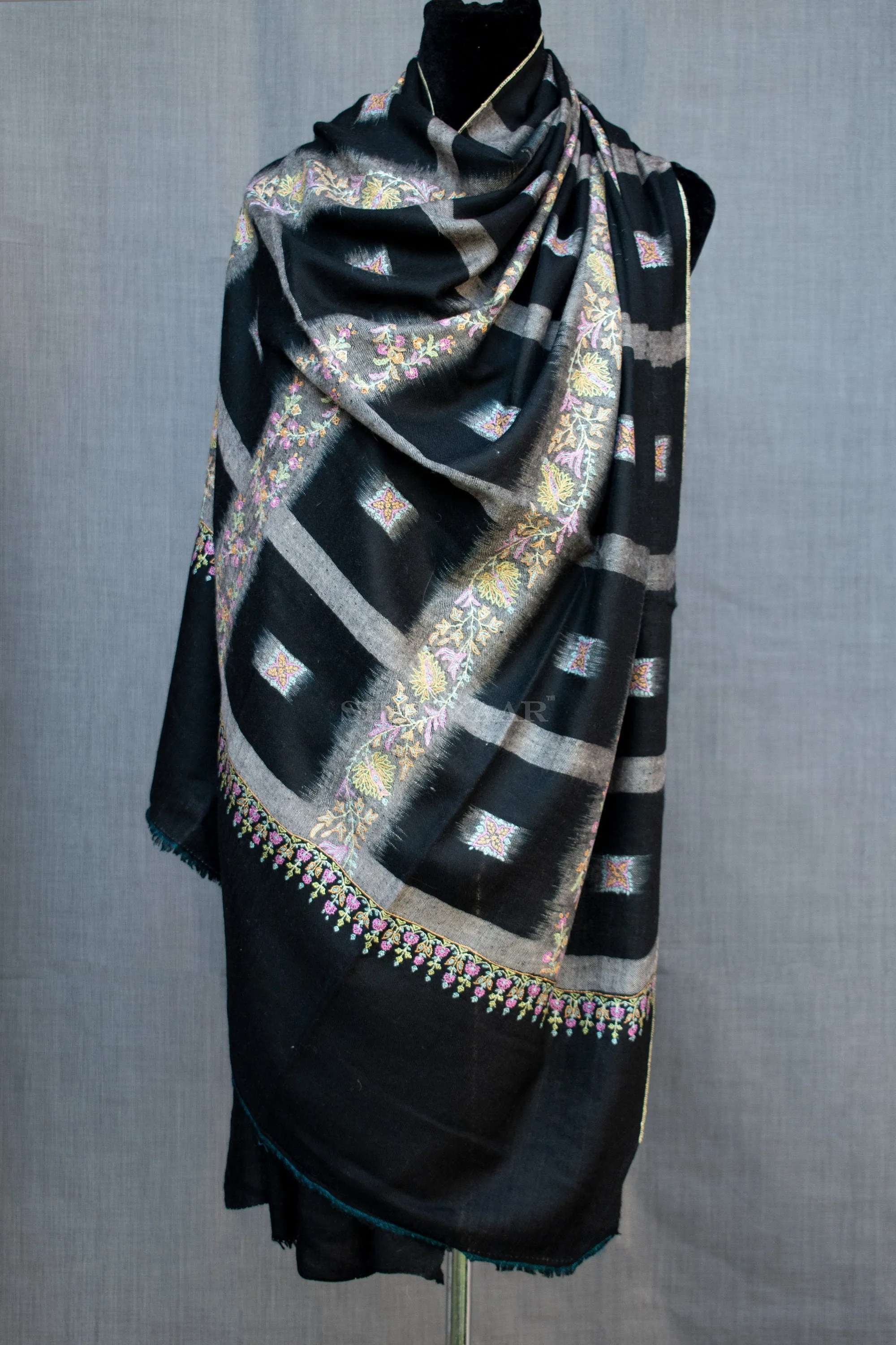 Ikat Weave Black Sozni Pure Pashmina/Cashmere Shawl/Wrap, Handwoven on Hand loom & Hand Embroided in Kashmir