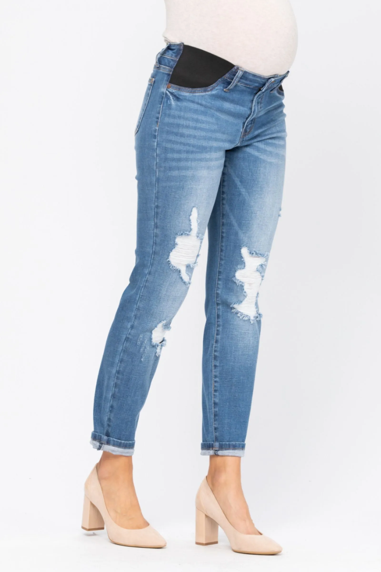 Judy Blue Bloom Maternity Destroyed Boyfriend Denim Mid Rise 9802