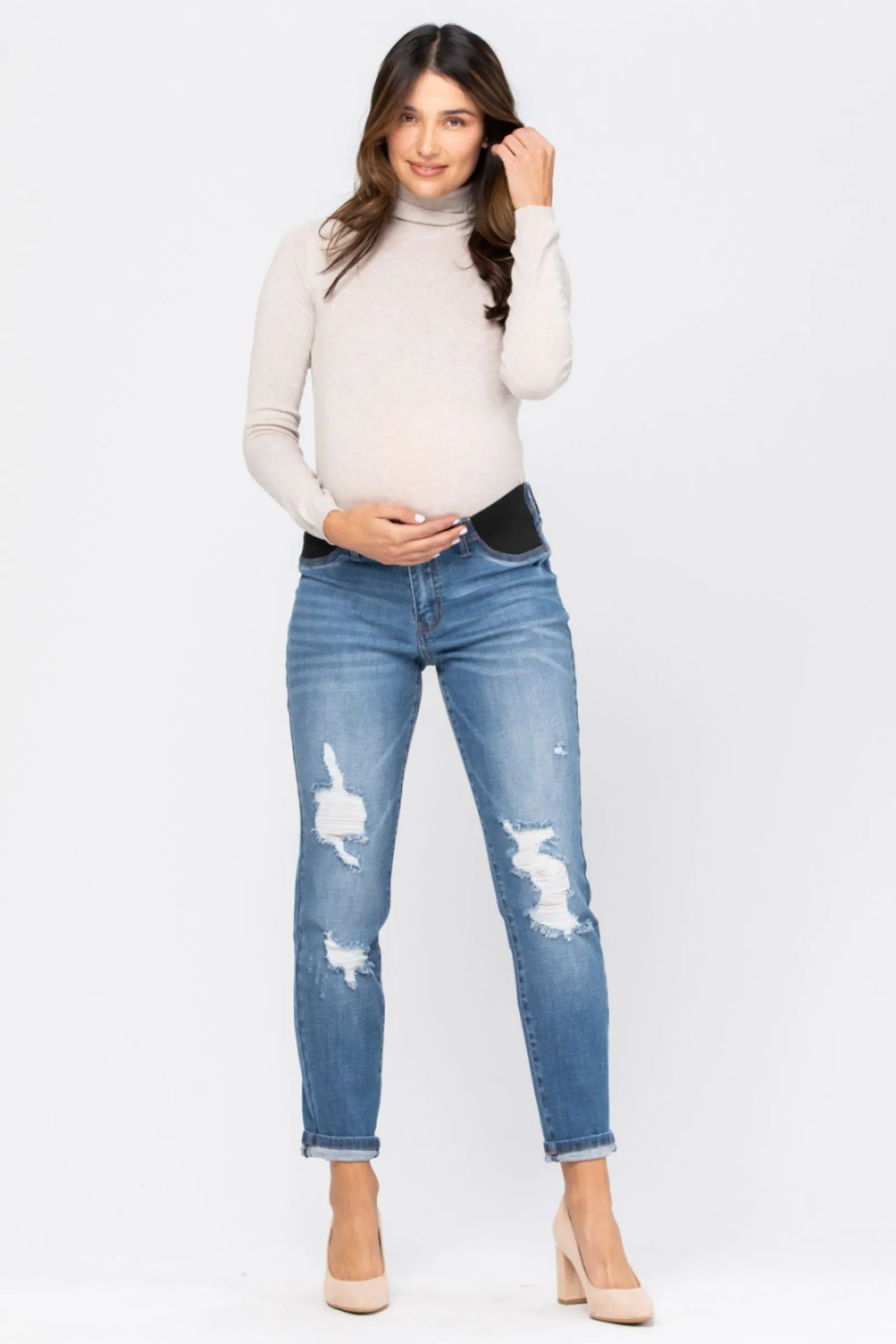 Judy Blue Bloom Maternity Destroyed Boyfriend Denim Mid Rise 9802