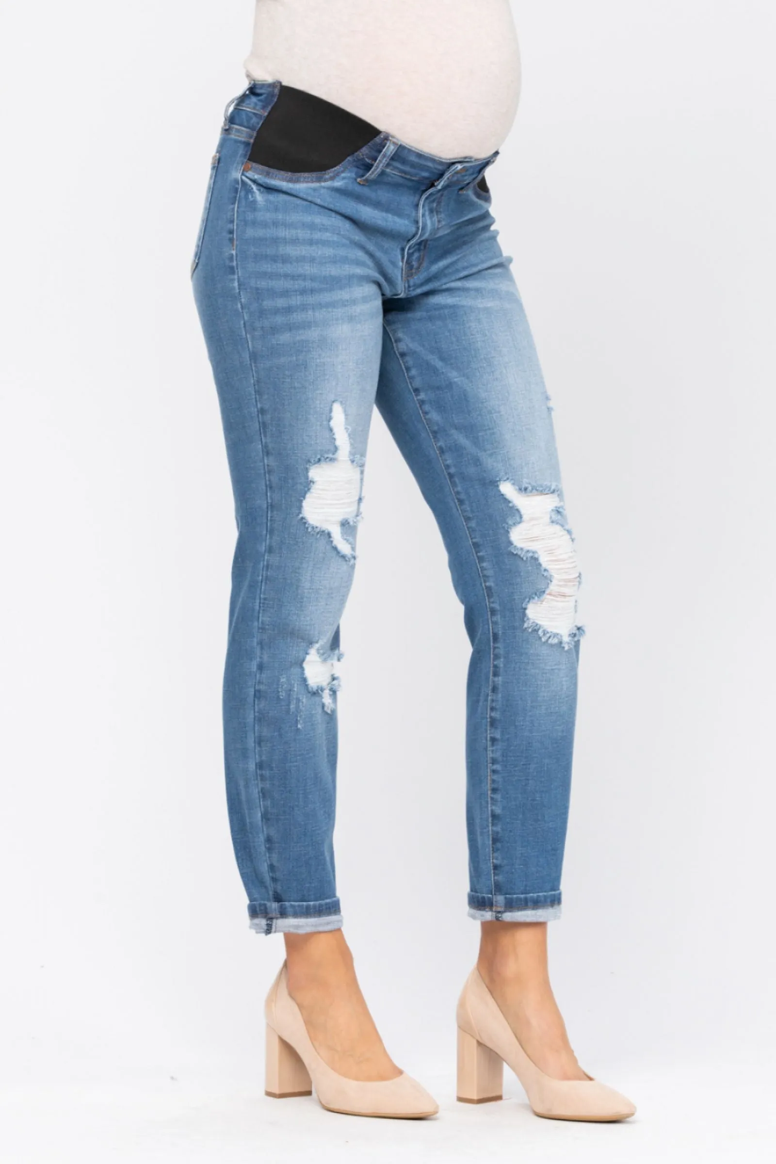 Judy Blue Bloom Maternity Destroyed Boyfriend Denim Mid Rise 9802