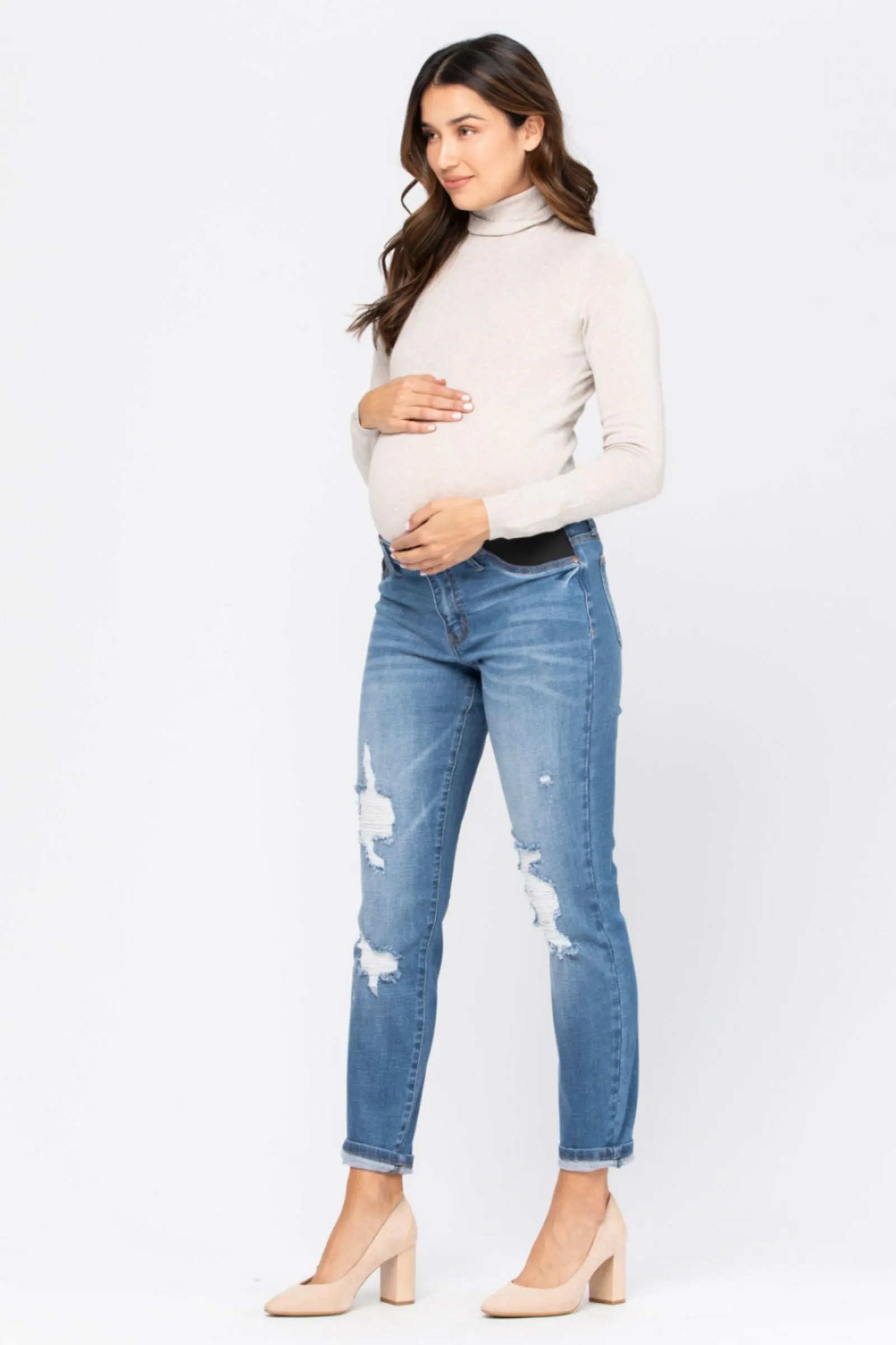 Judy Blue Bloom Maternity Destroyed Boyfriend Denim Mid Rise 9802