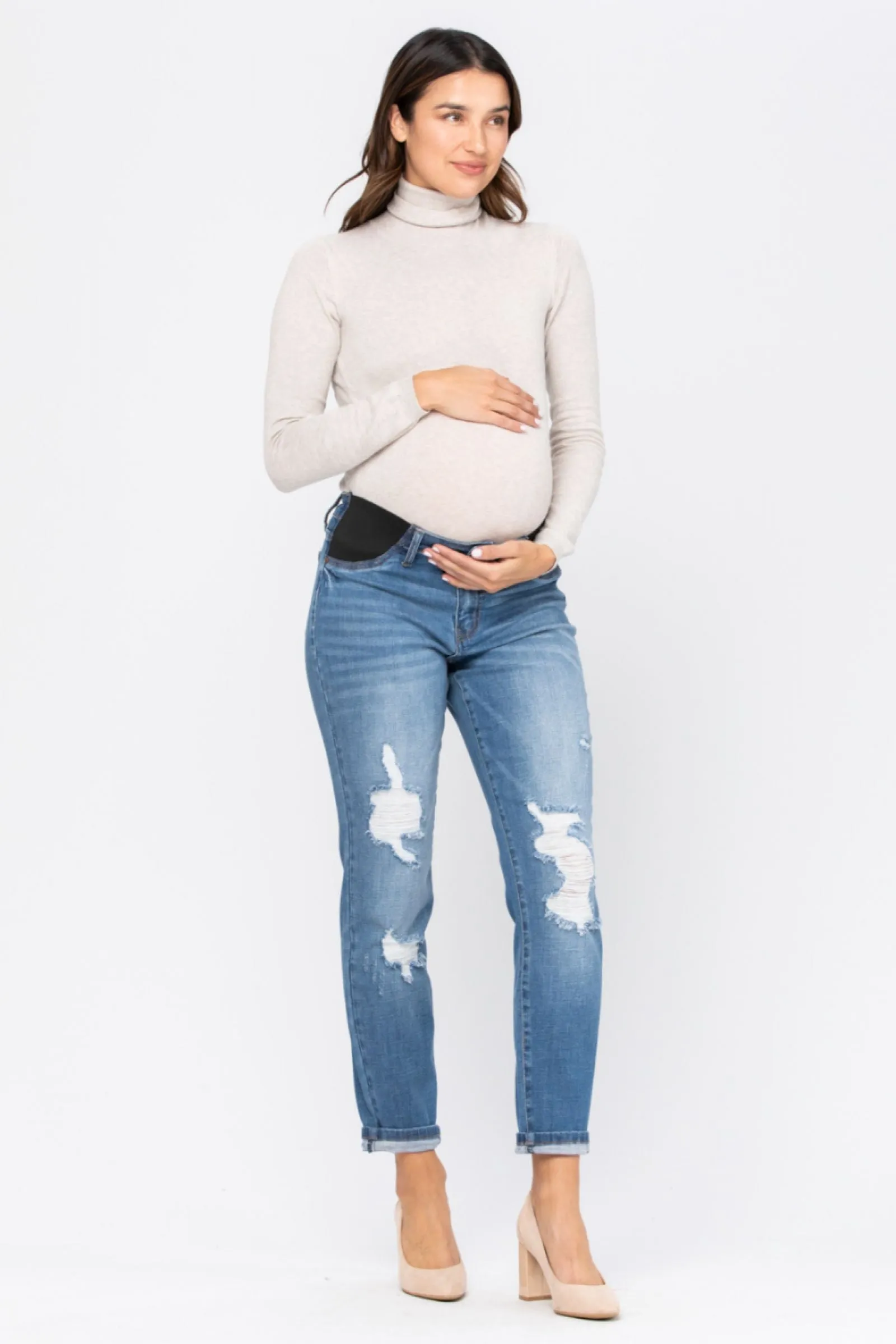 Judy Blue Bloom Maternity Destroyed Boyfriend Denim Mid Rise 9802