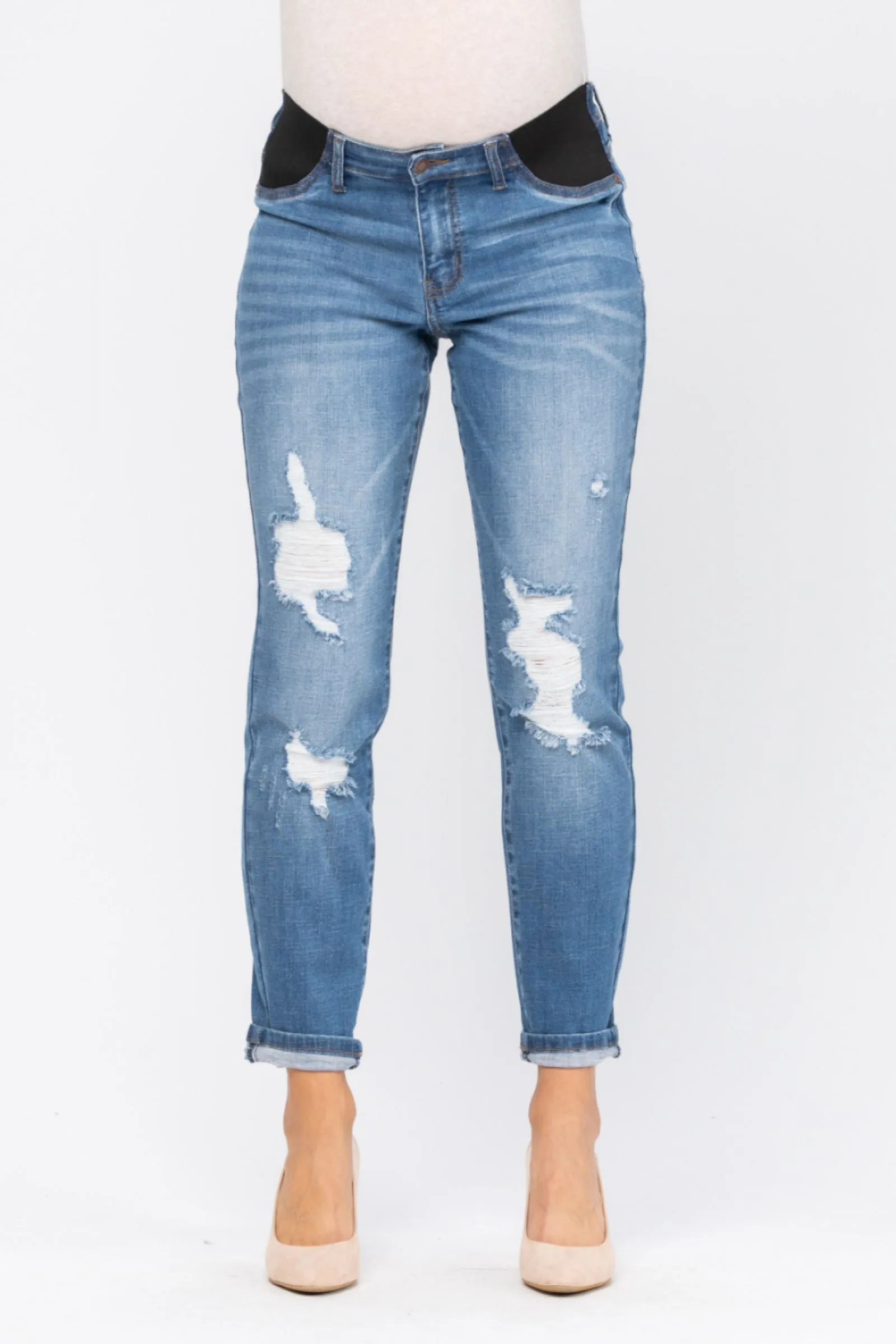 Judy Blue Bloom Maternity Destroyed Boyfriend Denim Mid Rise 9802