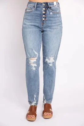 Judy Blue High-Waisted Button Fly Distressed Boyfriend Jeans