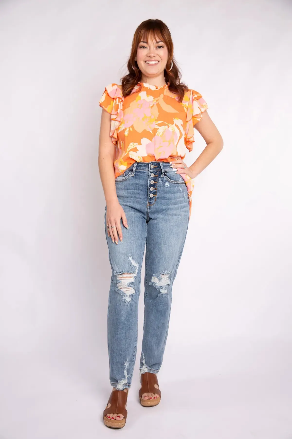 Judy Blue High-Waisted Button Fly Distressed Boyfriend Jeans