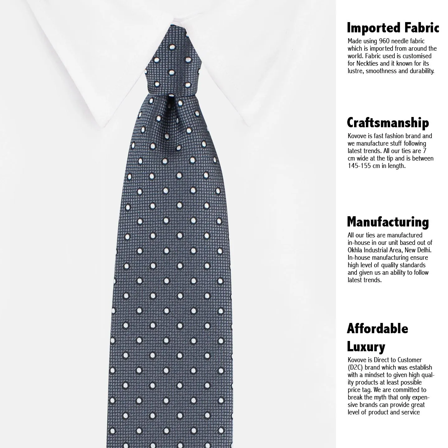 Kovove The Enchanting Polka Dot Dark Grey Necktie and Pocket Square Gift Box