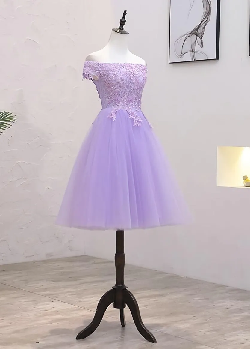 Lavender Homecoming Dress, A-line Lace Shoulder Short Cocktail Dresses