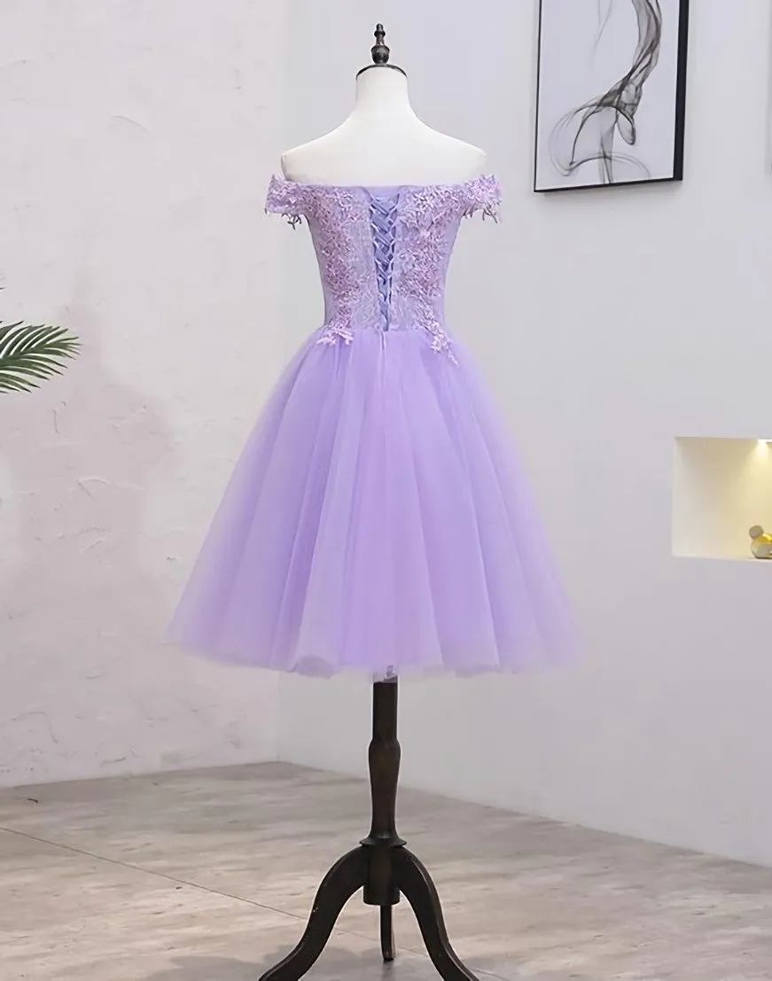 Lavender Homecoming Dress, A-line Lace Shoulder Short Cocktail Dresses