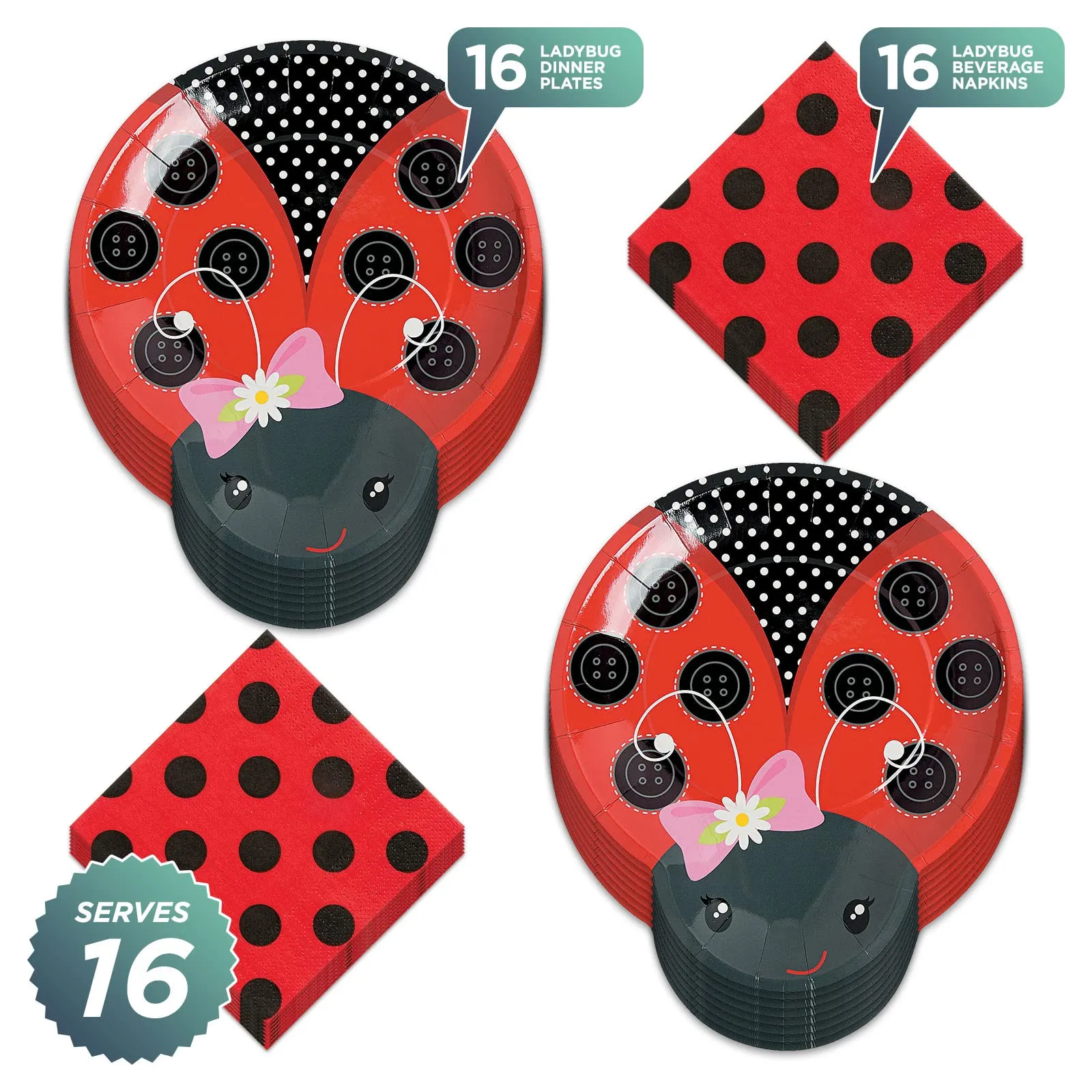 Little Ladybug Shaped Paper Dinner Plates and Luncheon Napkins (Serves 16)