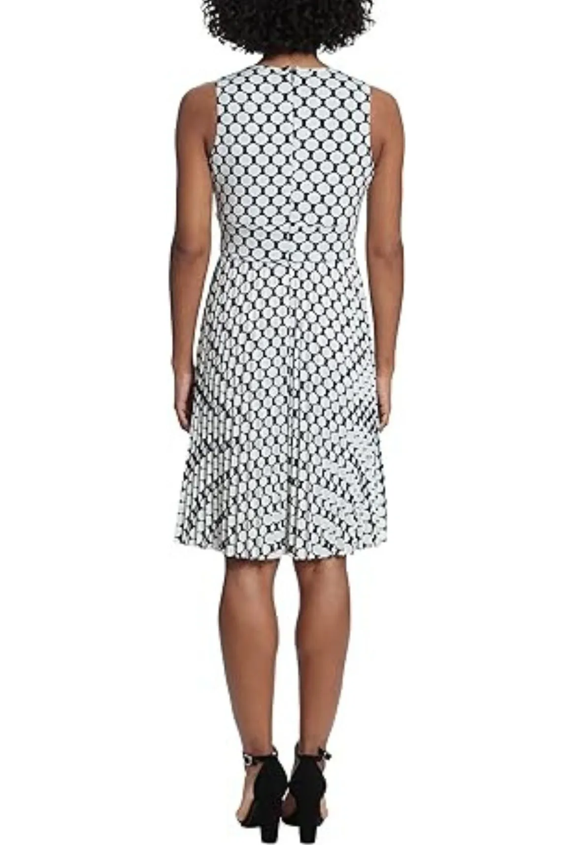 London Times Sleeveless Keyhole Neck Polka Dot Dress with Pleated Skirt