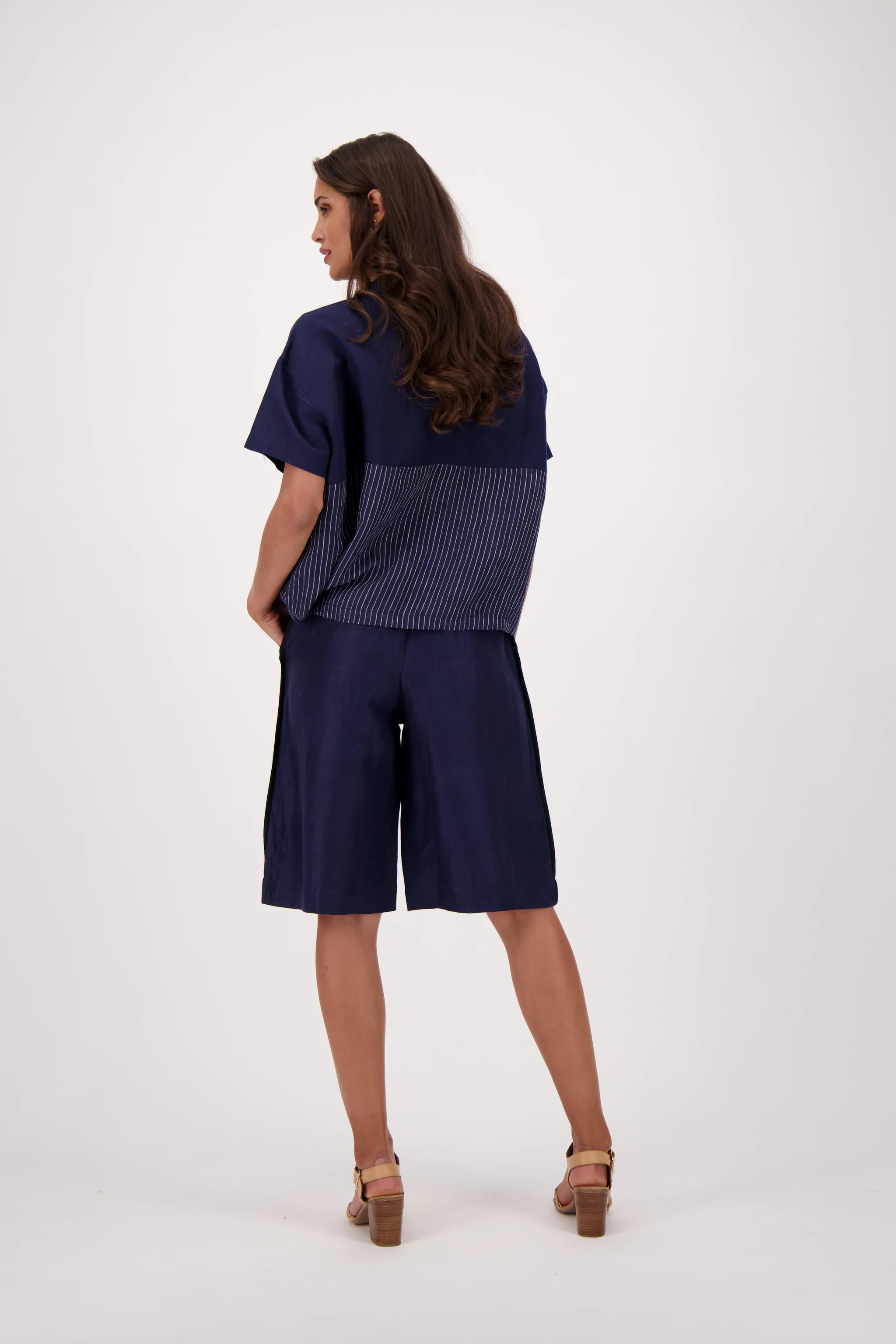 Madras Linen Blend Indigo Wide Leg Shorts