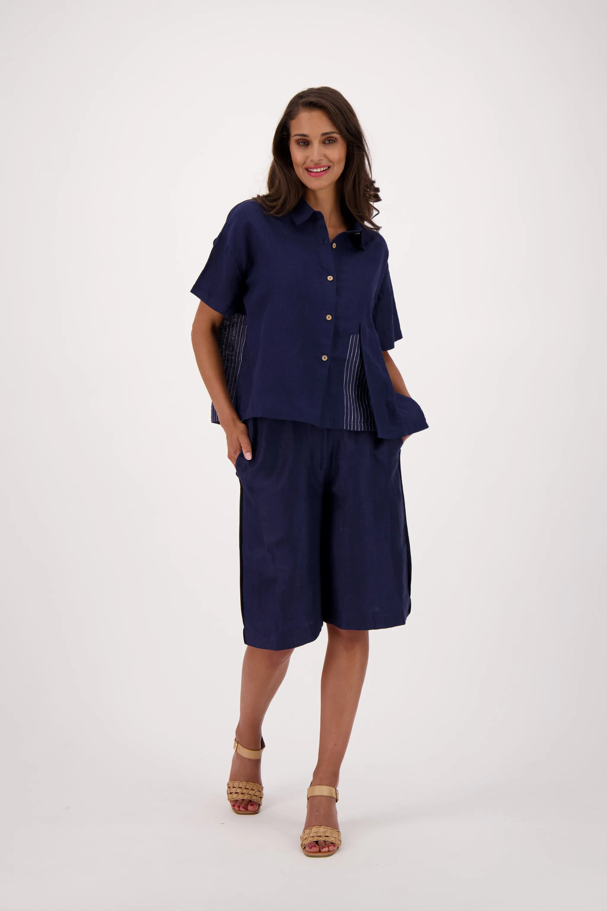 Madras Linen Blend Indigo Wide Leg Shorts