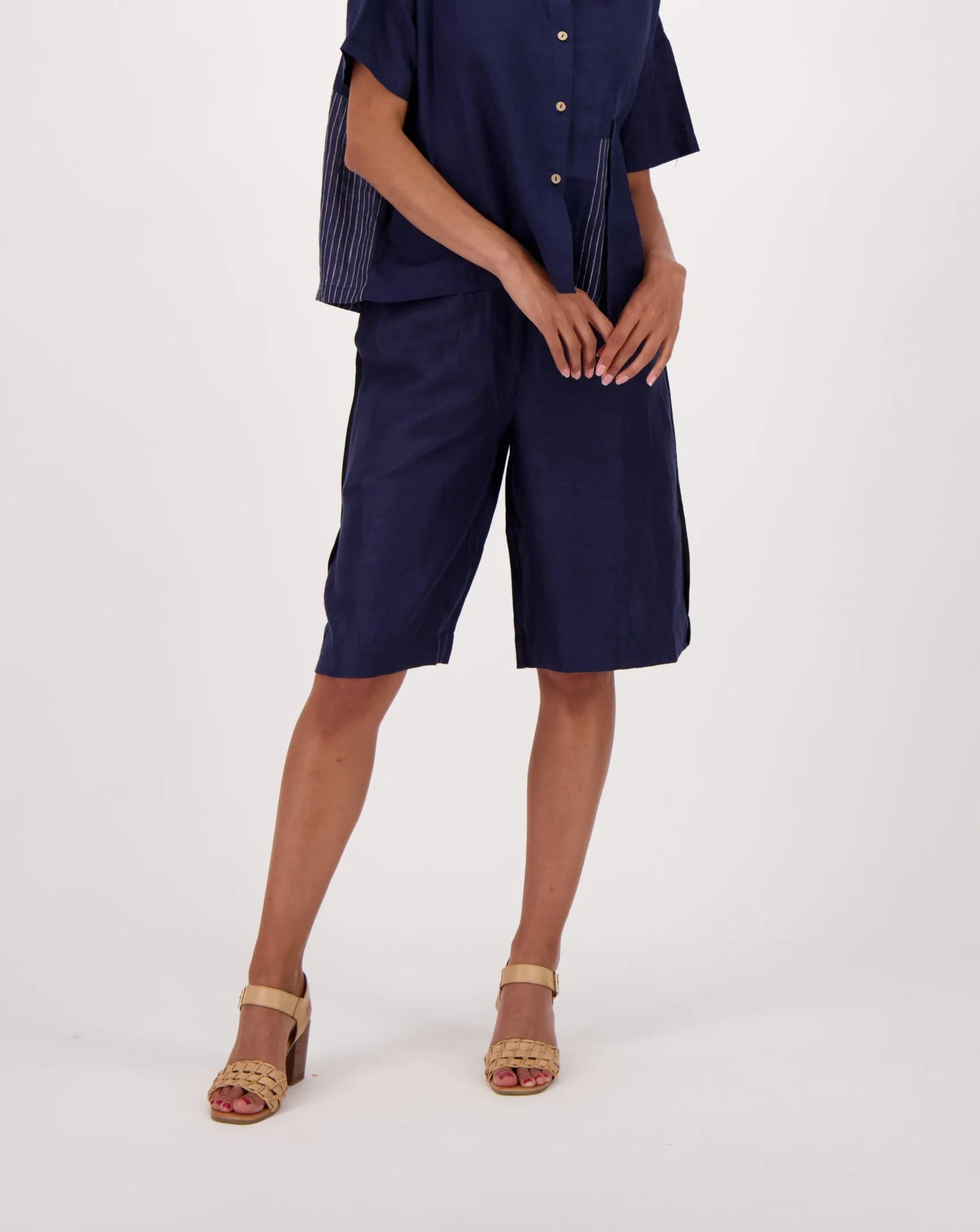 Madras Linen Blend Indigo Wide Leg Shorts