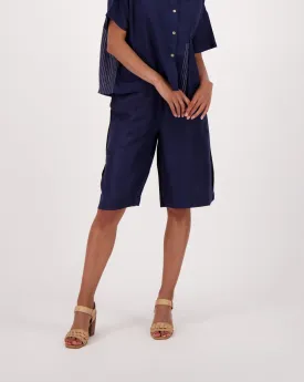 Madras Linen Blend Indigo Wide Leg Shorts