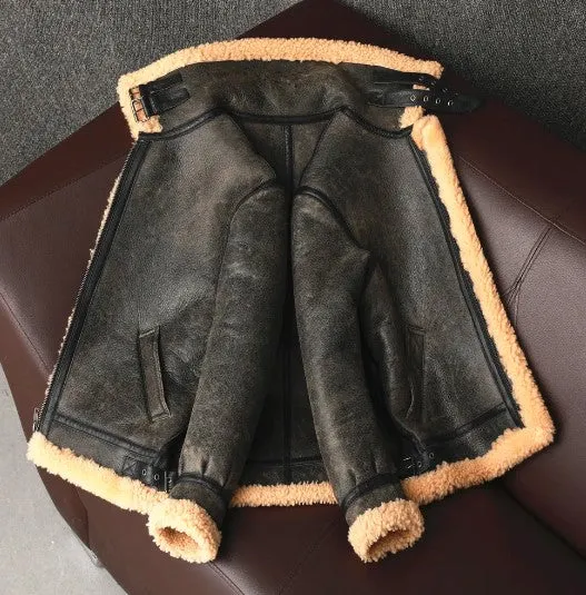 Men's B3 Style Fur Jacket - Winter Warm Genuine Leather Sheepskin Shearling Coat