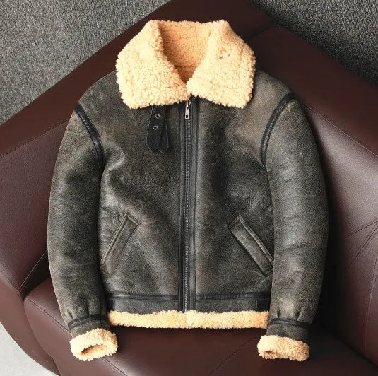 Men's B3 Style Fur Jacket - Winter Warm Genuine Leather Sheepskin Shearling Coat