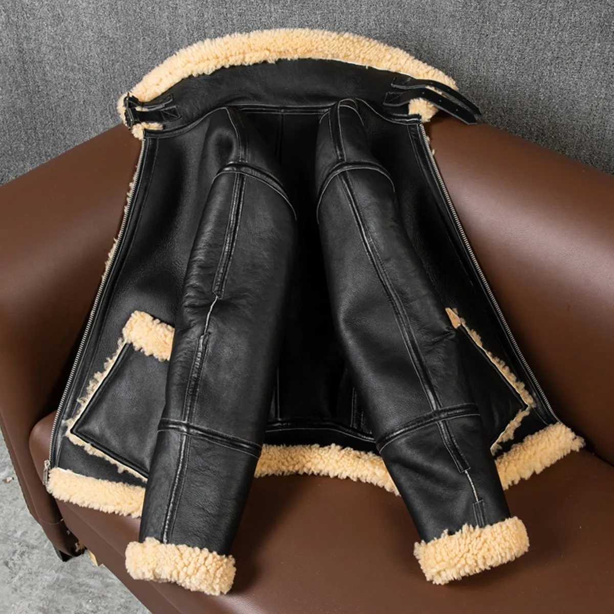 Men’s Black B3 Bomber Aviator Genuine Sheepskin Sherpa Shearling Faux Fur Turn-Down Collar Winter Warm Pilot Uniform Leather Jacket