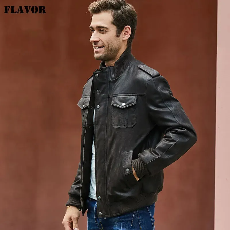 Men's Black Leather Bomber Jacket