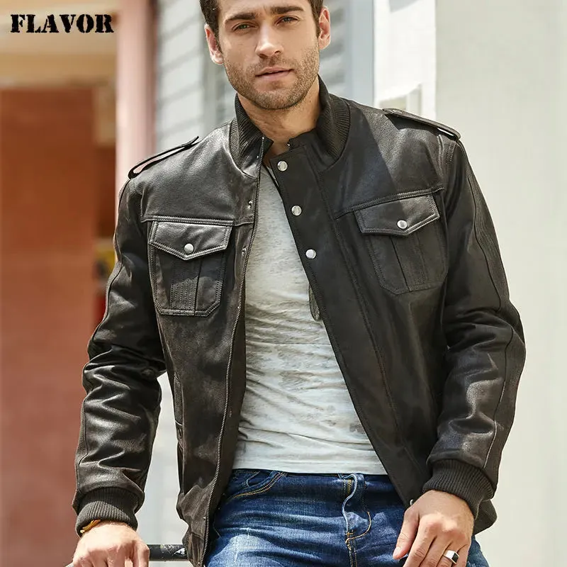 Men's Black Leather Bomber Jacket