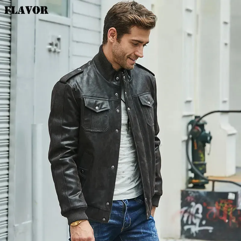 Men's Black Leather Bomber Jacket