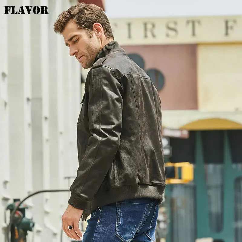 Men's Black Leather Bomber Jacket