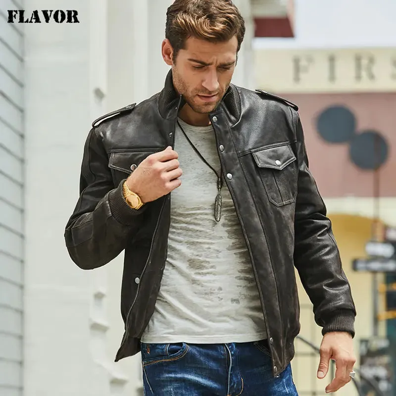 Men's Black Leather Bomber Jacket