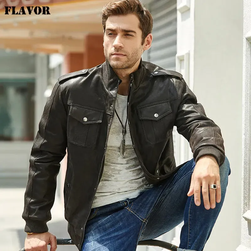 Men's Black Leather Bomber Jacket