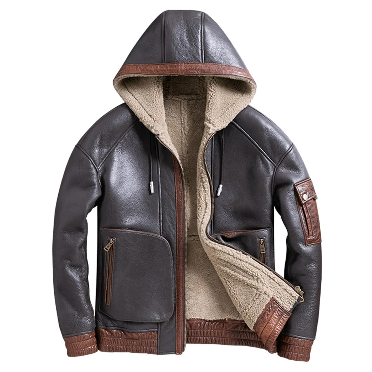 Men’s Brown Bomber Winter Warm Genuine Sheepskin Faux Fur Lined Drawstring Hooded Smooth Streetwear Leather Jacket Coat