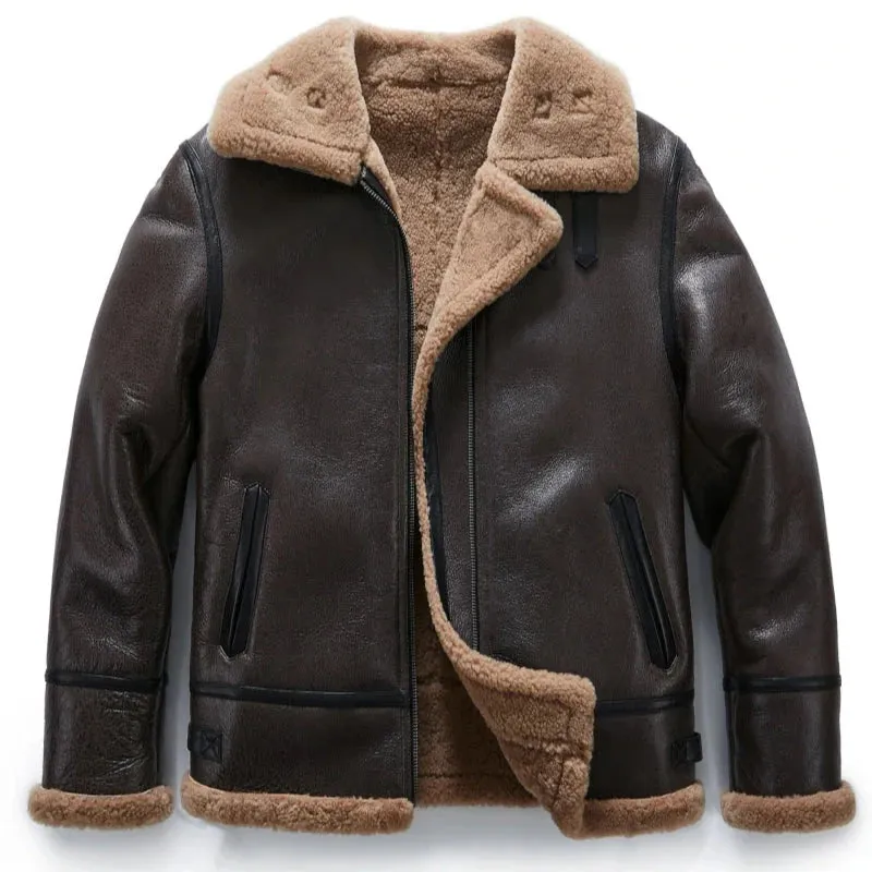 Mens Brown Sheepskin B-3 Bomber Shearling Flight Jacket