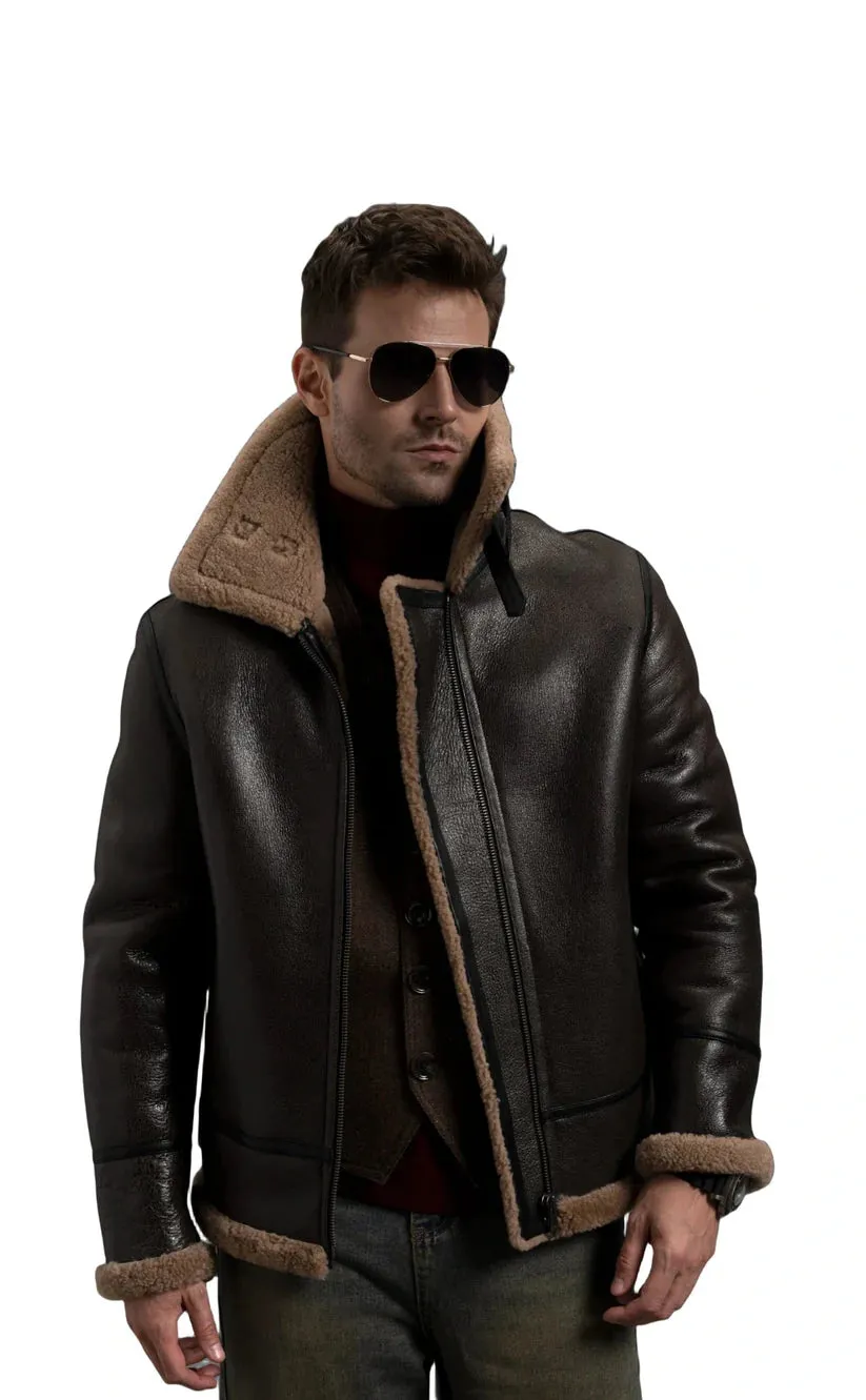 Mens Brown Sheepskin B-3 Bomber Shearling Flight Jacket