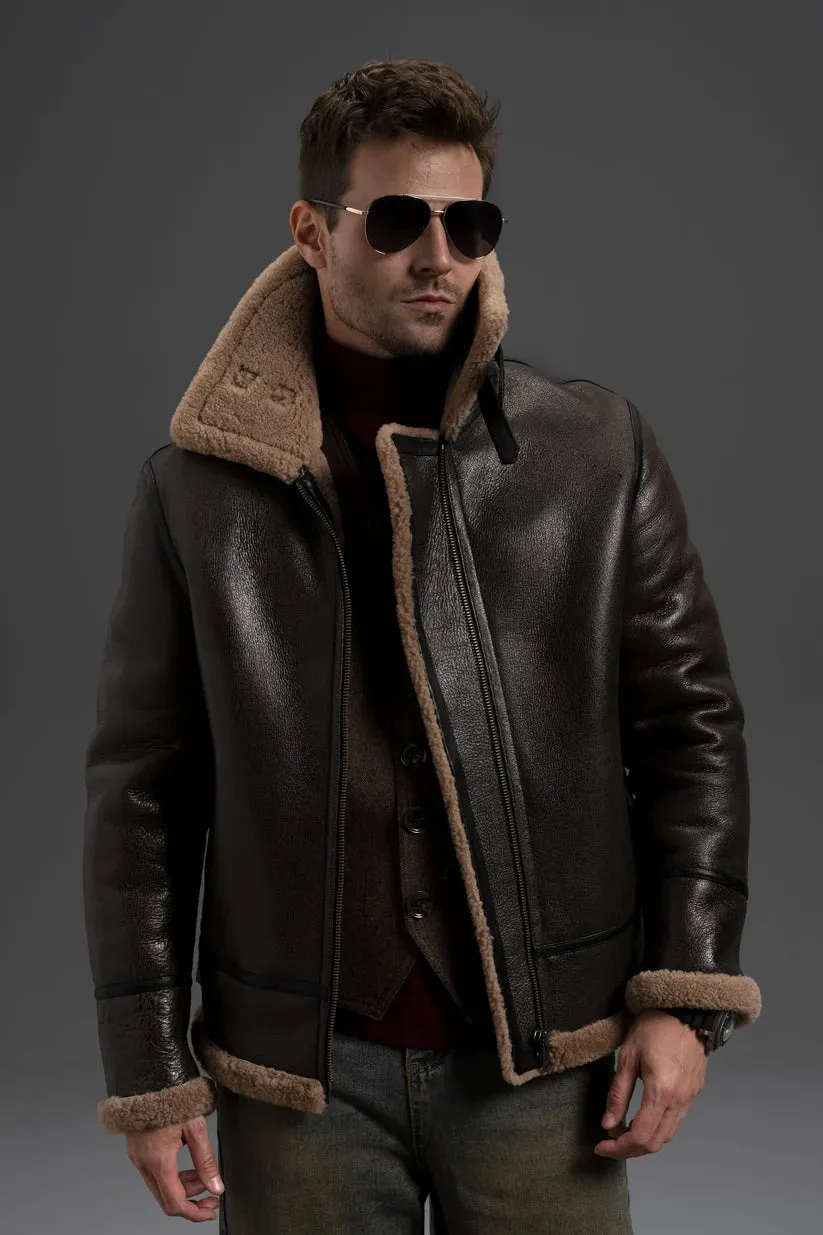 Mens Brown Sheepskin B-3 Bomber Shearling Flight Jacket