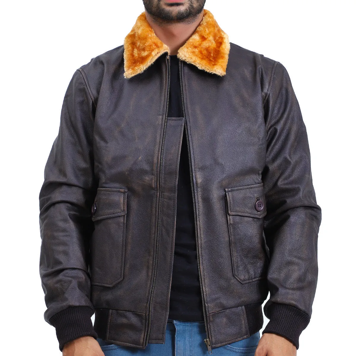 Mens Flight Aviator Bomber Brown Leather Jacket