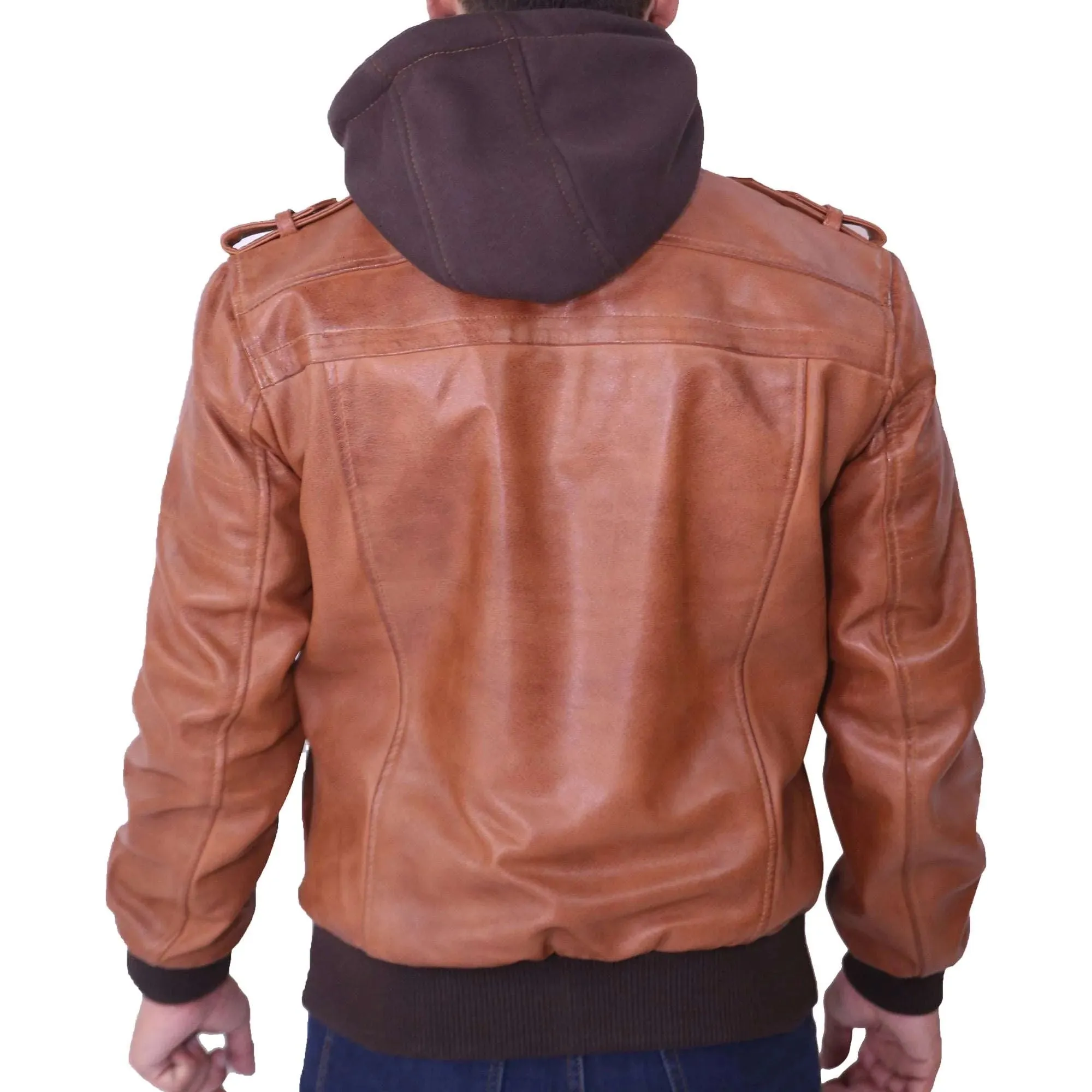 Men's Removable Hooded Tan Leather Jacket