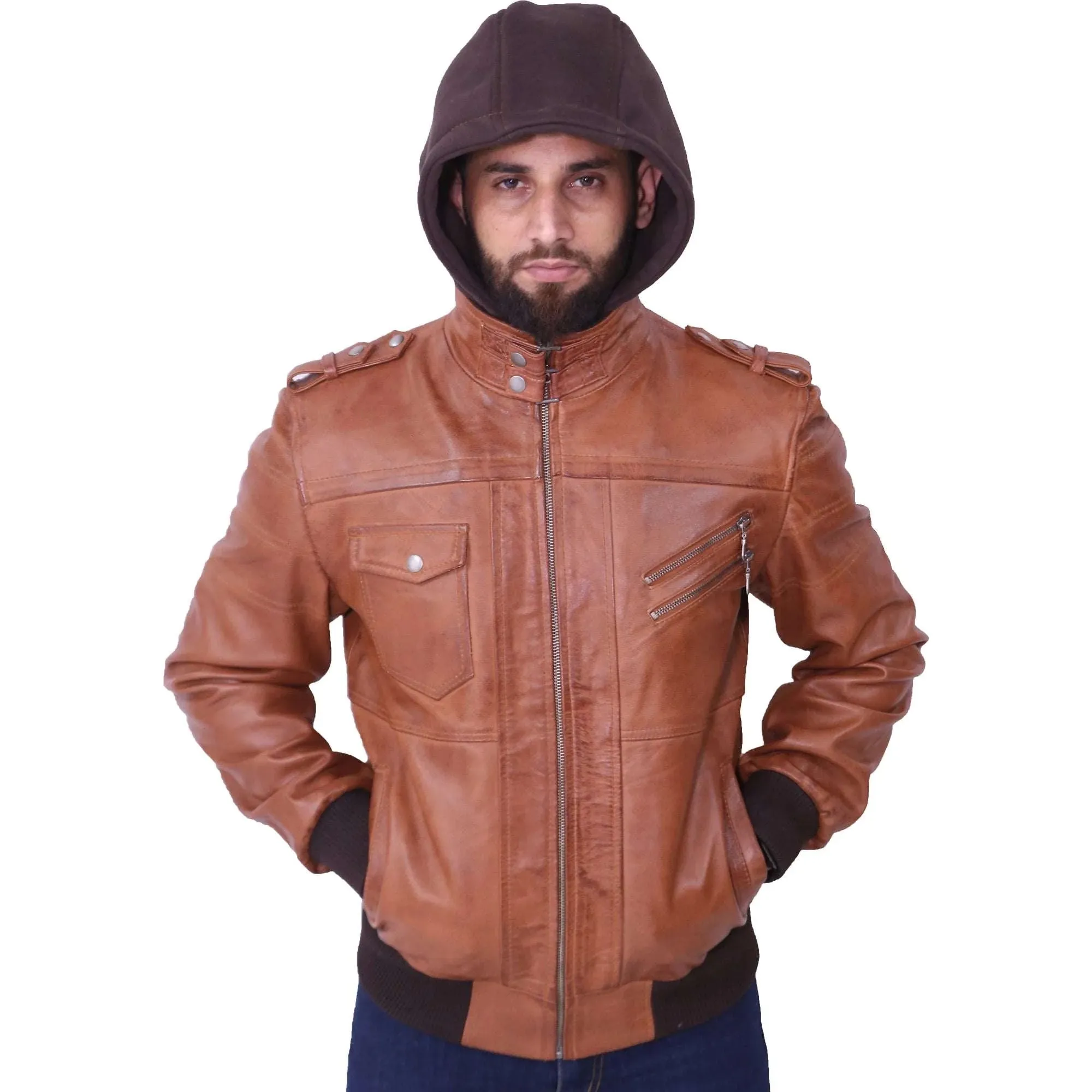 Men's Removable Hooded Tan Leather Jacket