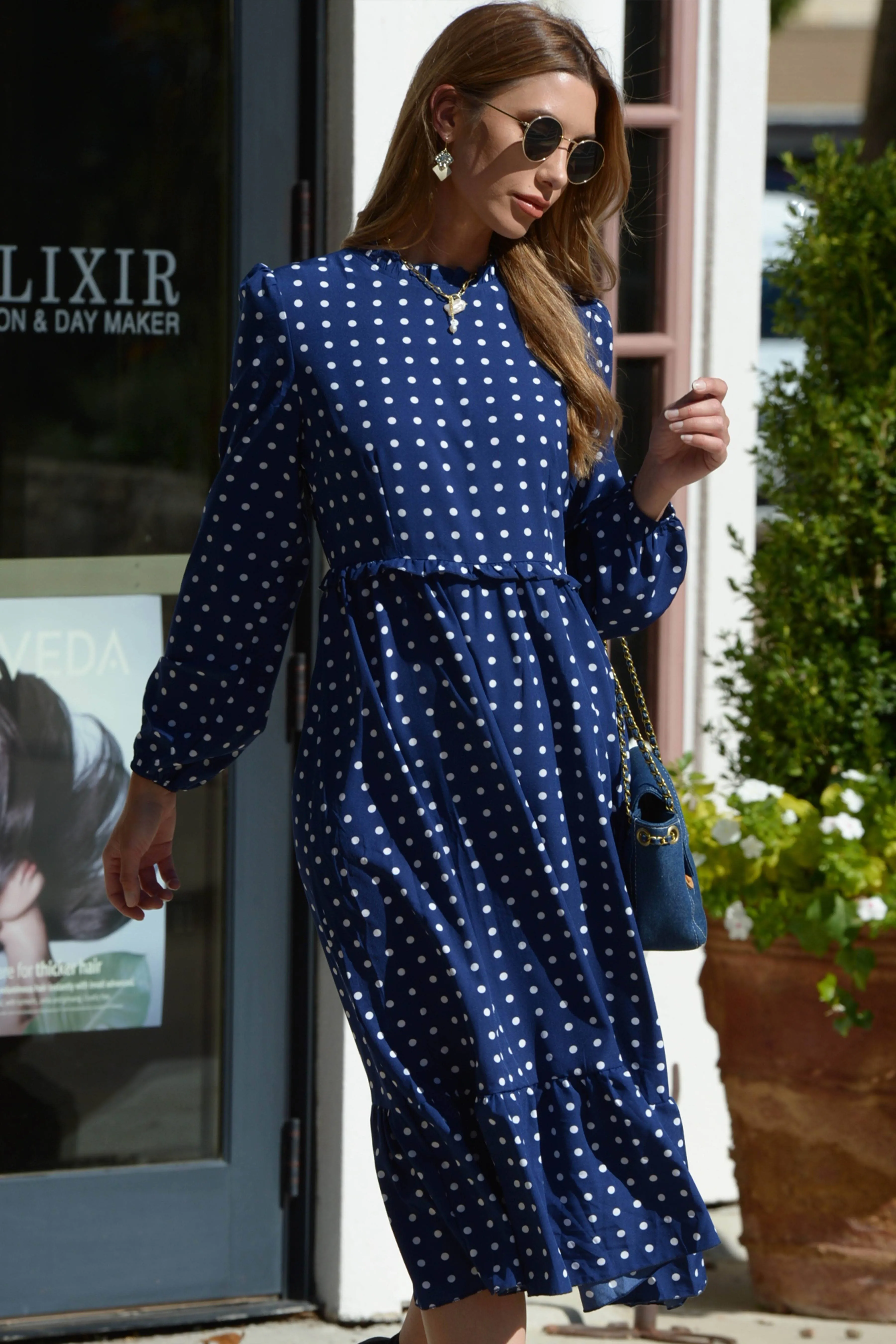 Navy and White Polka Dot Mid-length Woven Dress