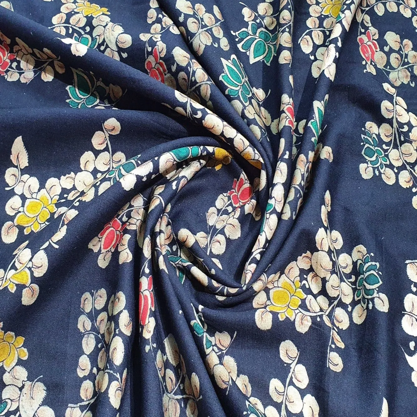 Navy Blue Floral Print Cotton Linen Fabric TU 4431