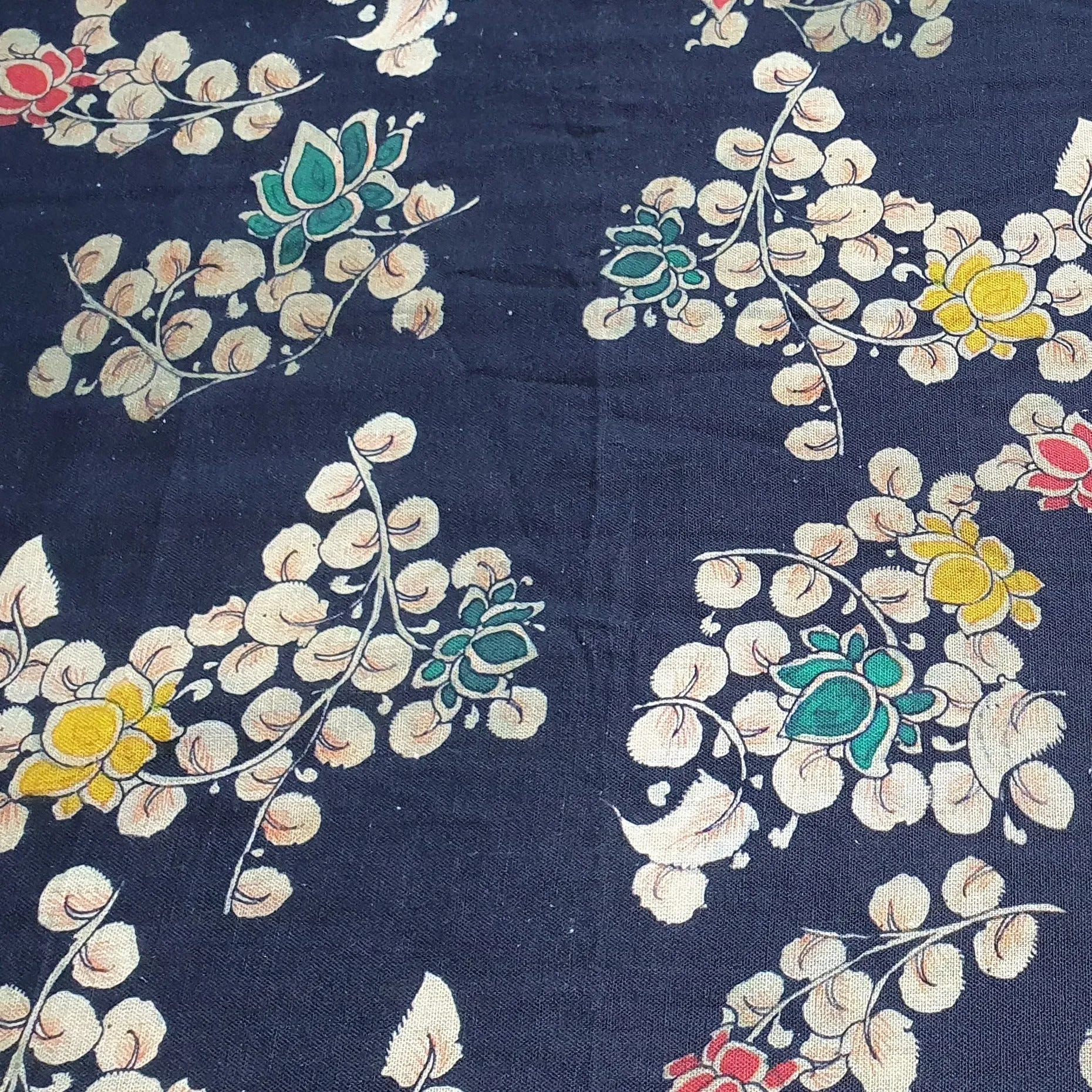 Navy Blue Floral Print Cotton Linen Fabric TU 4431