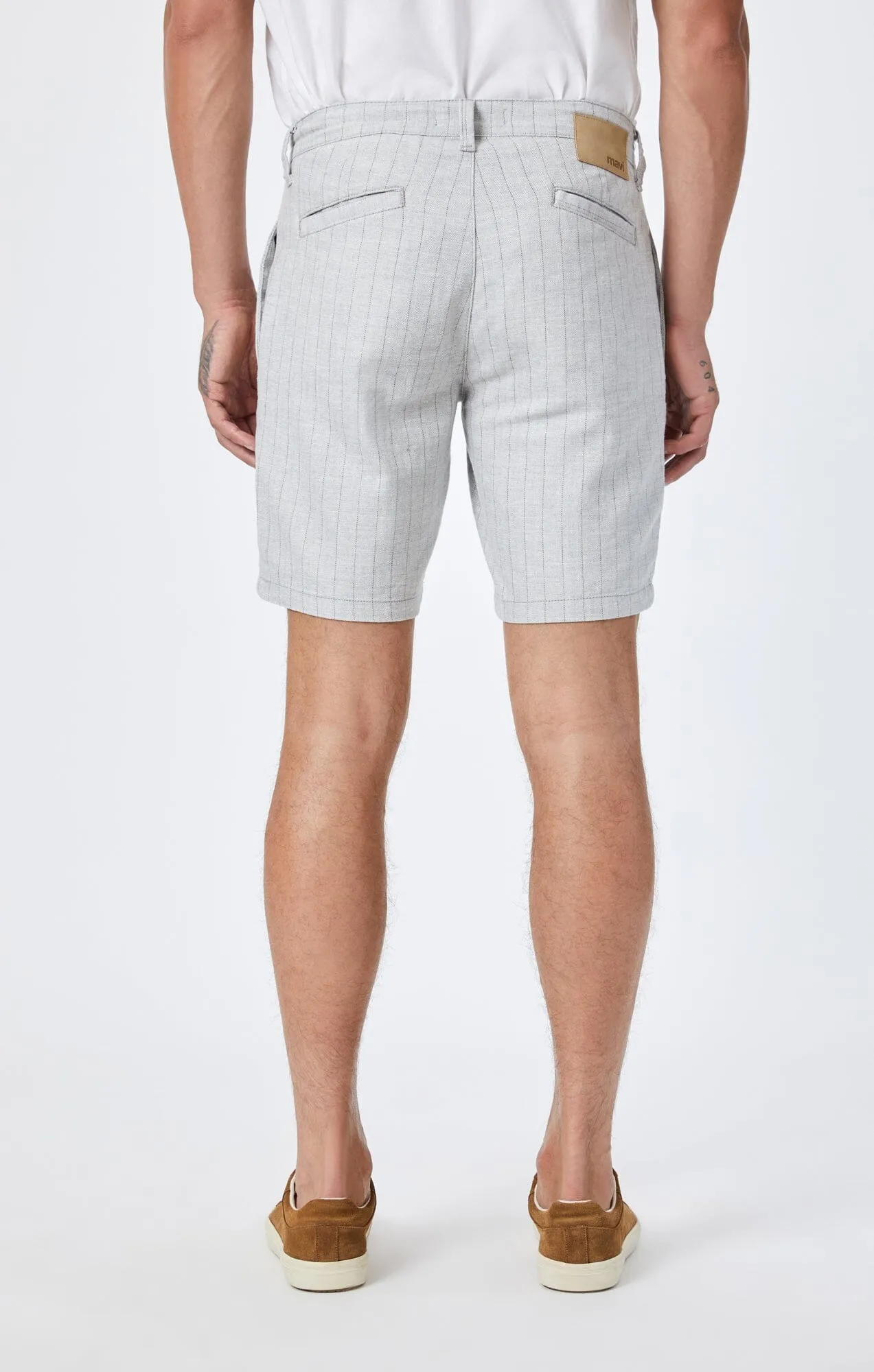 NOAH SHORTS IN GREY STRIPE LINEN