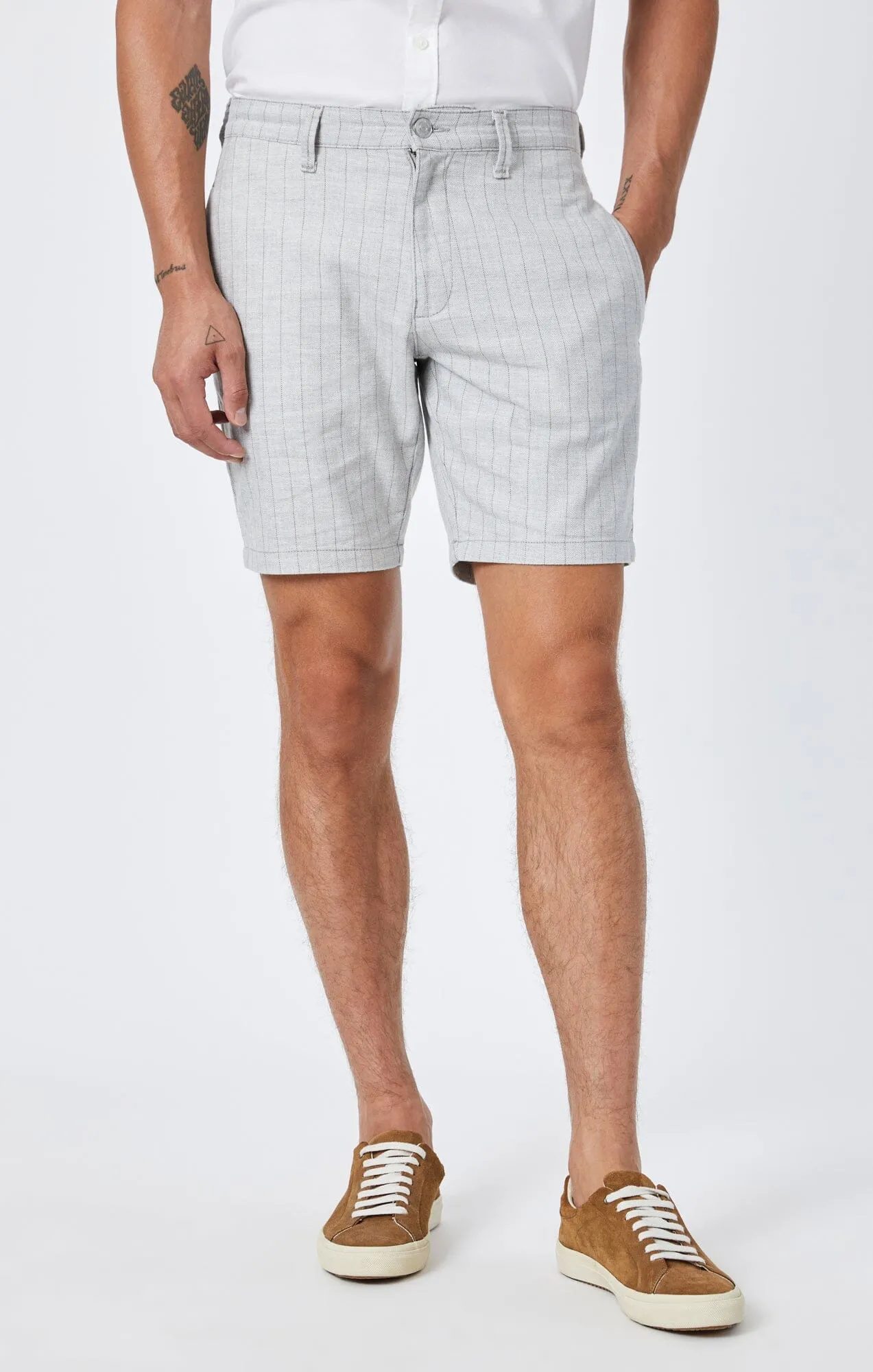 NOAH SHORTS IN GREY STRIPE LINEN