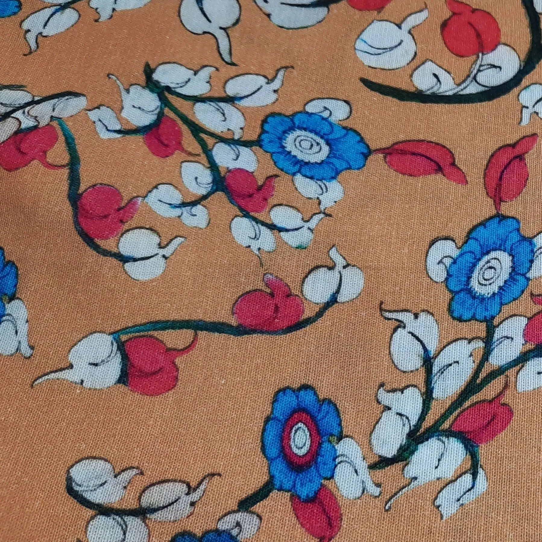 Peach Floral Print Cotton Linen Fabric