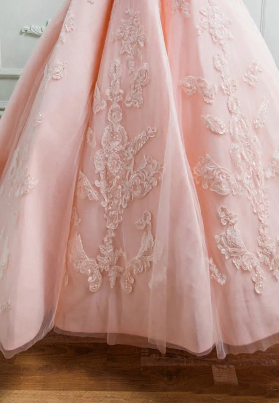 Pink Lace Long A-Line Prom Dresses Off the Shoulder Evening Dresses