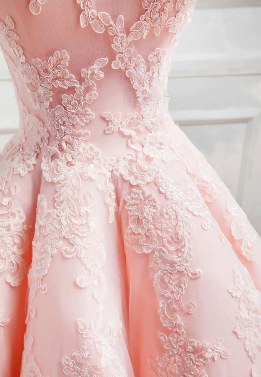 Pink Lace Long A-Line Prom Dresses Off the Shoulder Evening Dresses