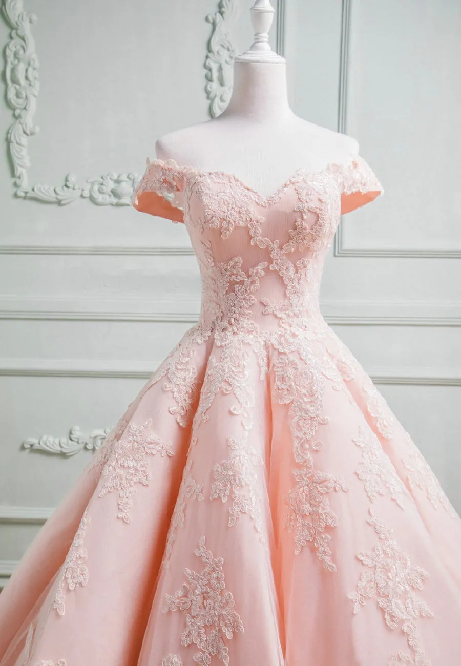 Pink Lace Long A-Line Prom Dresses Off the Shoulder Evening Dresses