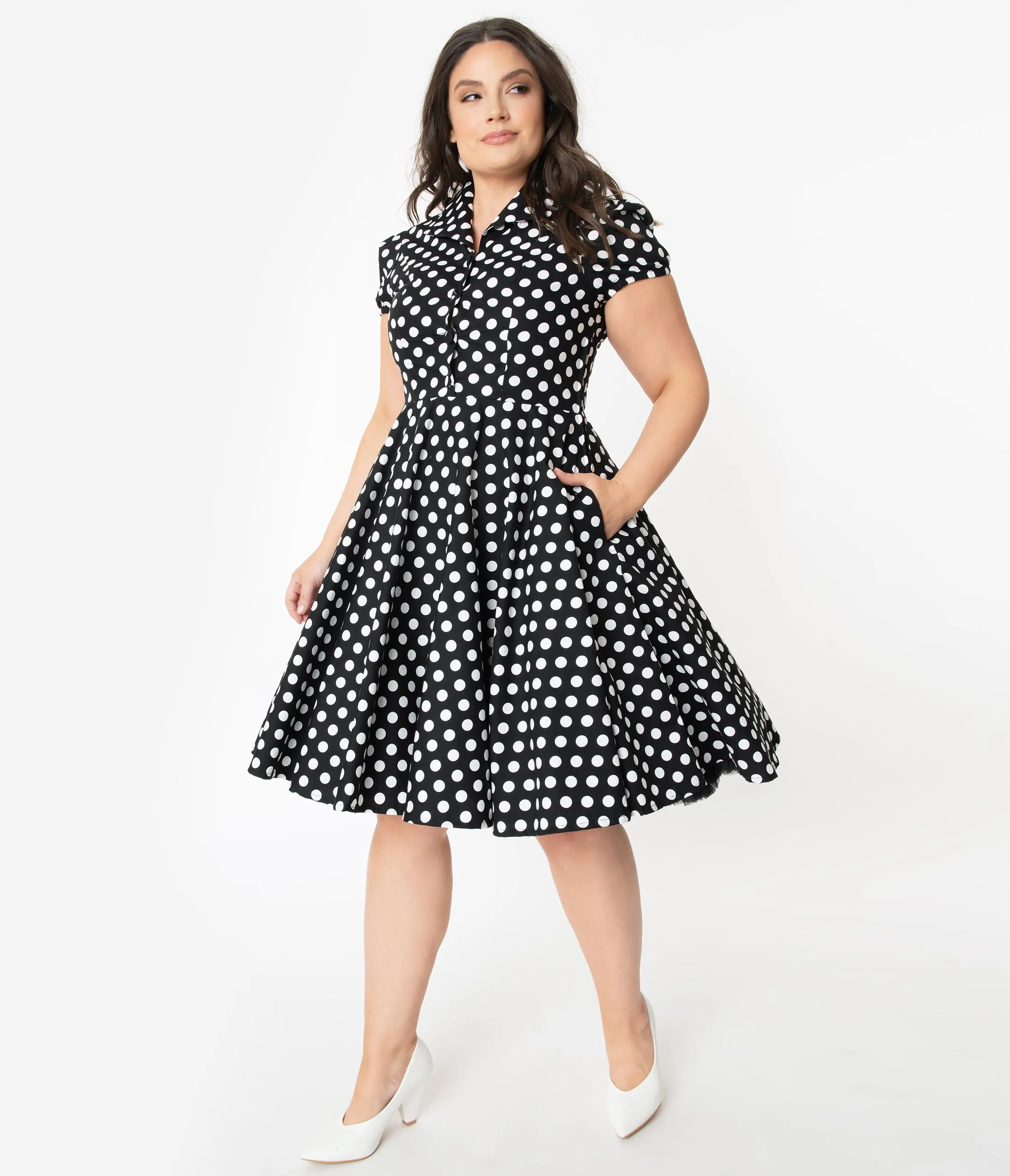 Plus Size 1950s Style Black & White Polka Dot Mona Swing Dress