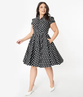 Plus Size 1950s Style Black & White Polka Dot Mona Swing Dress