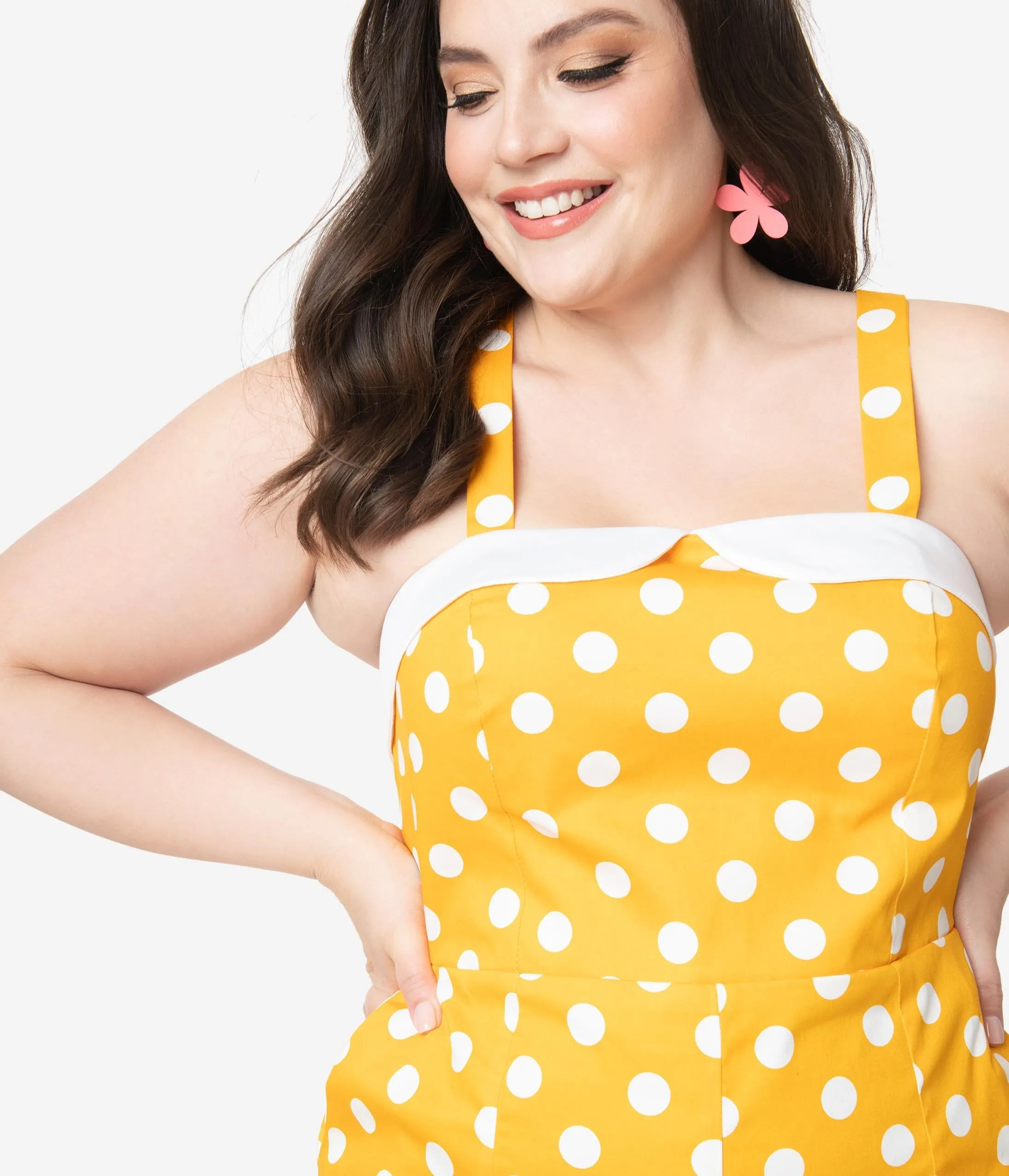 Plus Size Retro Style Mustard & White Polka Dot Romper