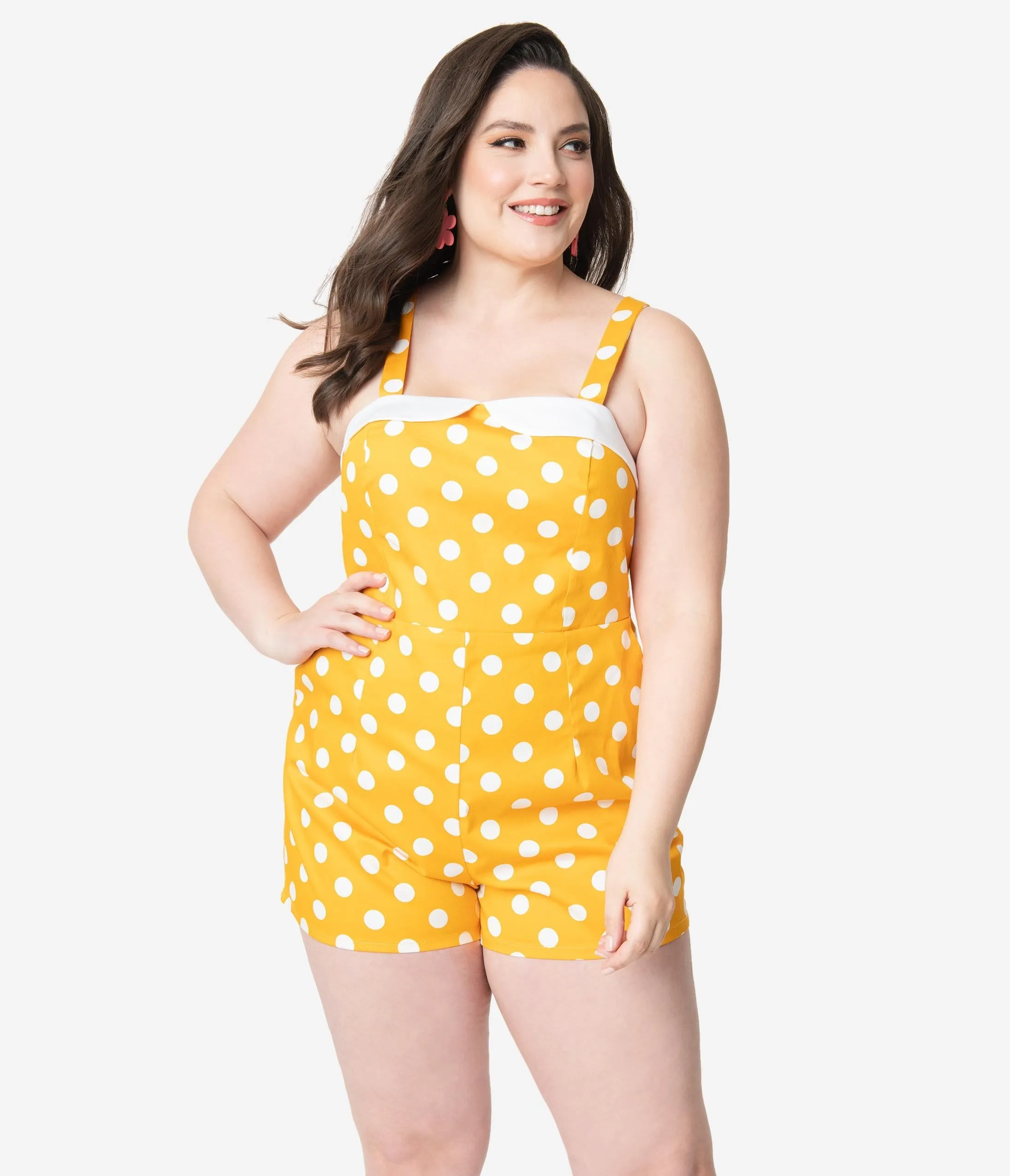 Plus Size Retro Style Mustard & White Polka Dot Romper